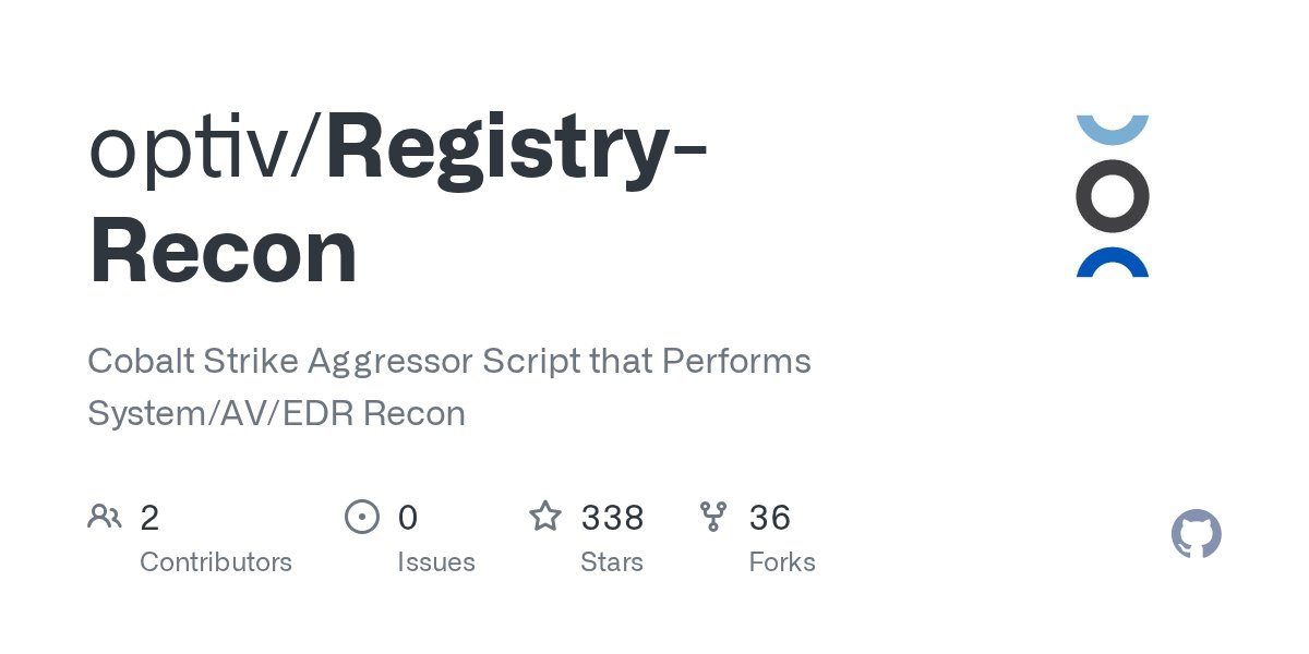 Tyl0us's tweet card. Cobalt Strike Aggressor Script that Performs System/AV/EDR Recon - optiv/Registry-Recon