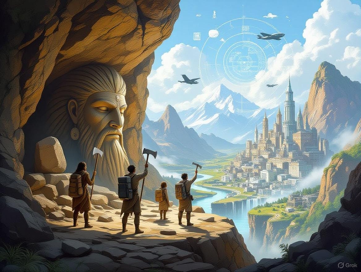 LifeSufficient_'s tweet card. Humanity’s journey from cave-dwelling to modern civilization showcases how curiosity-driven toolmaking, from stone axes to AI, builds on past innovations to create a foundation for future advanceme...