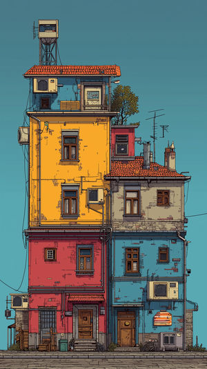 on_lockscreen's tweet card. Download this high-quality Colorful Urban Building Illustration wallpaper for your iPhone lock screen. Vibrant 4K wallpaper of a colorful urban building illustration with stacked apartments, detailed...