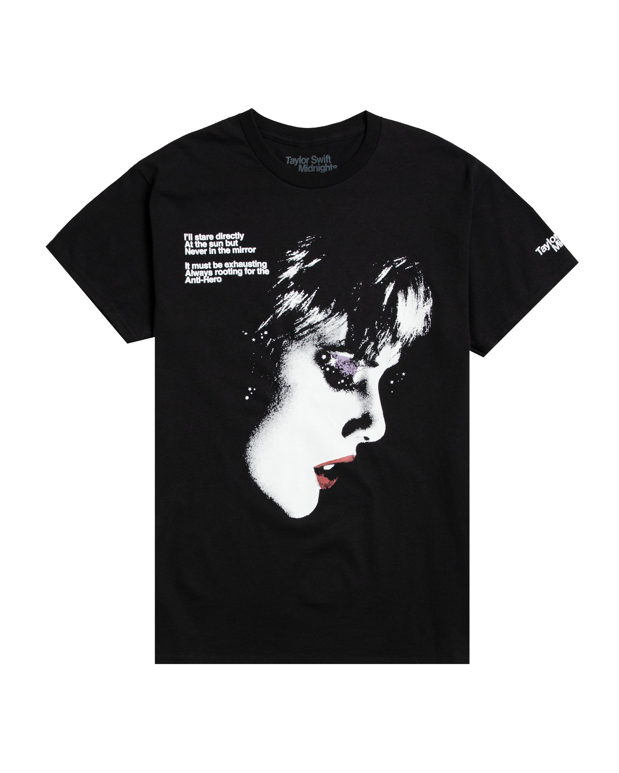 AlertsForMerch's tweet card. Black t-shirt featuring Taylor Swift Midnights photo and "I'll stare directly At the sun but Never in the mirror It must have been exhausting Always rooting for the Anti-hero" song lyrics and twinkle...
