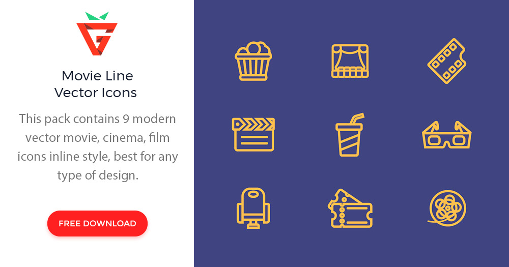 GraphBerry's tweet card. This pack contains 9 modern vector movie, cinema, film icons inline style, best for any type of design. This style will look great on any app or website. All elements are in vector shape. AI and EPS...