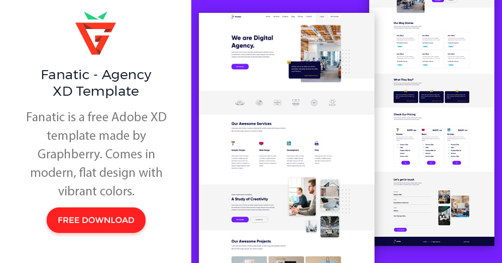 GraphBerry's tweet card. Fanatic is a free Adobe XD template made by Graphberry. Comes in modern, flat design with vibrant colors. This landing page is great for representing your portfolio or other type of websites.