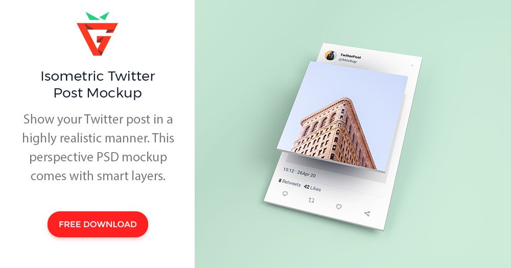 GraphBerry's tweet card. Show your Twitter post in a highly realistic manner. This perspective PSD mockup comes with smart layers for easy replacing design. Background color and text can be changed also. Enjoy!