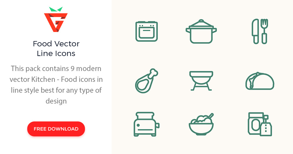 GraphBerry's tweet card. This pack contains 9 modern vector Kitchen - Food icons inline style best for any type of design. This style will look great on any app or website. All elements are in vector shape. AI and EPS file.