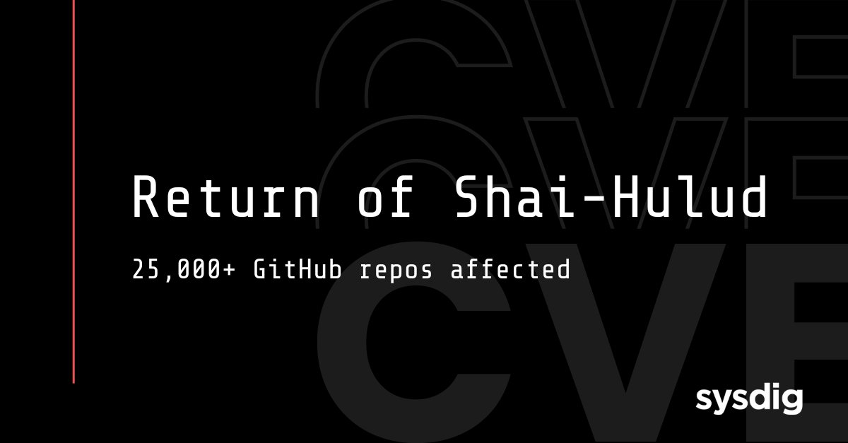 sysdig's tweet card. A new variant of the Shai-Hulud (Sha1-Hulud) worm is spreading through backdoored NPM packages, compromising nearly 1,000 packages and leaking credentials from over 25,000 GitHub repositories....