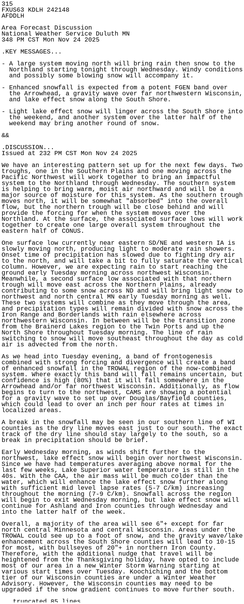 iembot_dlh's tweet card. AFD issued by NWS DLH at 24 Nov 2025 21:48 UTC