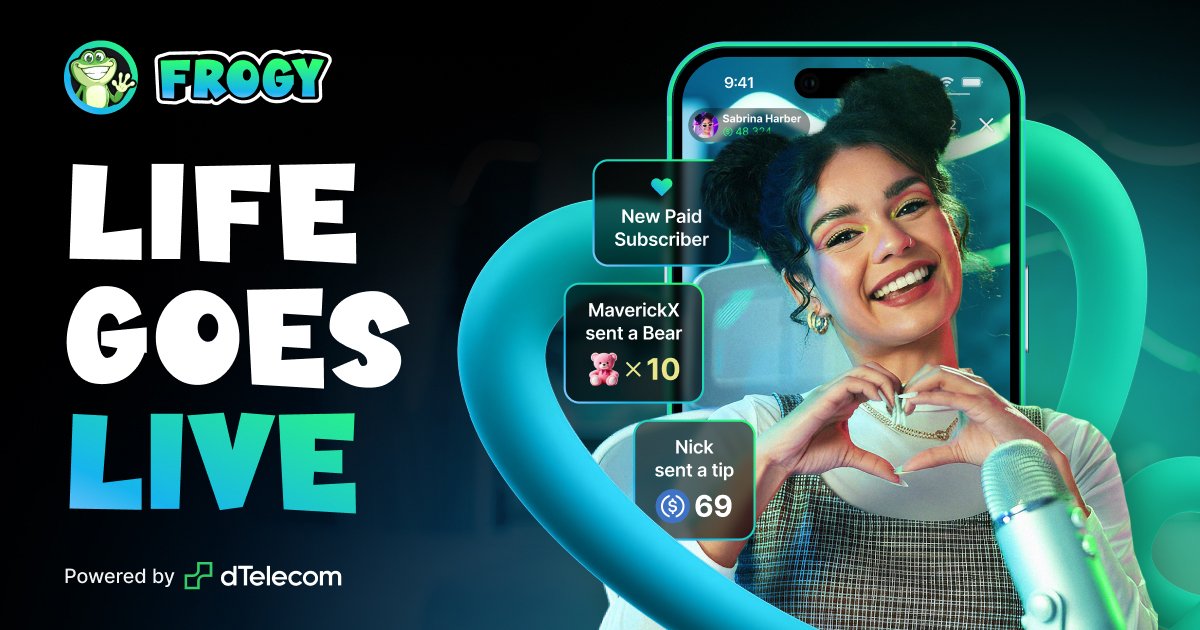 Coder02903917's tweet card. FROGY is your free live streaming app on Solana. Creators keep 90% with instant payouts. Invite friends, grow your community, and earn together.