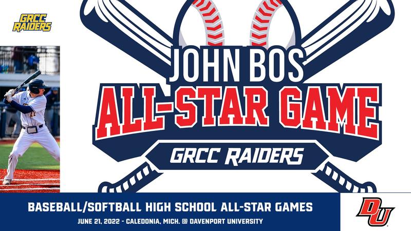 GRCCAthletics's tweet card. June 14, 2022, GRAND RAPIDS, Mich. — The area's best high school players will square off in the annual John Bos Baseball and Softball All-Star Games to benefit Grand Rapids Community College schola...
