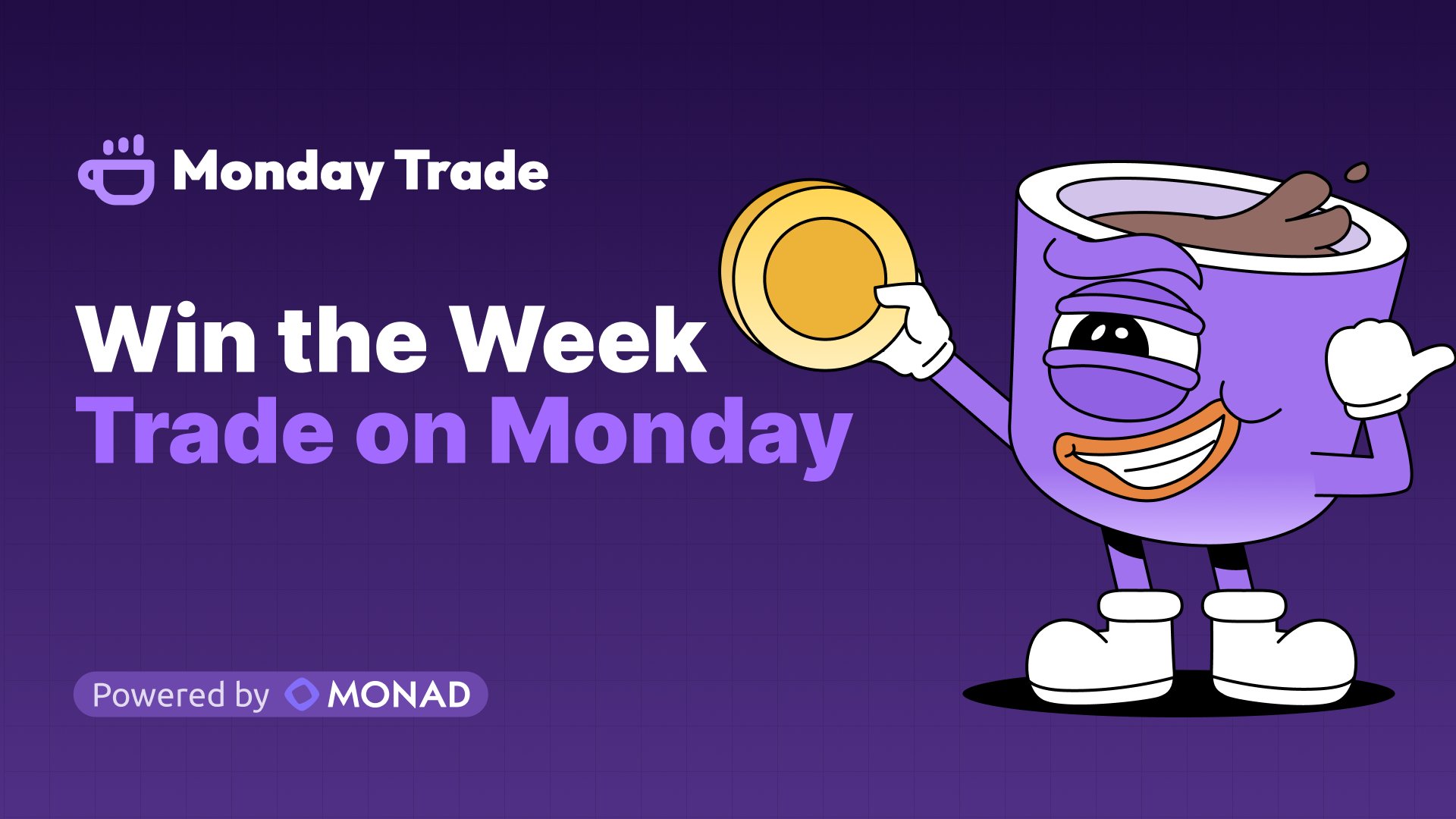 FunWayM's tweet card. Trade before your coffee hits. Monday Trade brings spot and perps at Monad speed, with millisecond execution, deep liquidity, and fully onchain ownership.