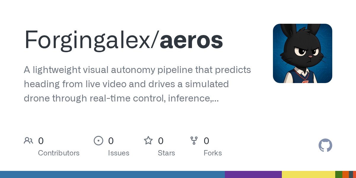Forgingalex's tweet card. A lightweight visual autonomy pipeline that predicts heading from live video and drives a simulated drone through real-time control, inference, and telemetry streaming. - Forgingalex/aeros
