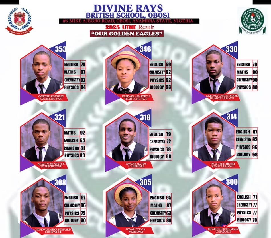 AnyadubaEjike's tweet card. By Ejike Anyaduba The Divine Rays British School (DRBS), Obosi, Anambra state has achieved yet another remarkable feat with the release of the just concluded 2025 Unified Tertiary Matriculation...
