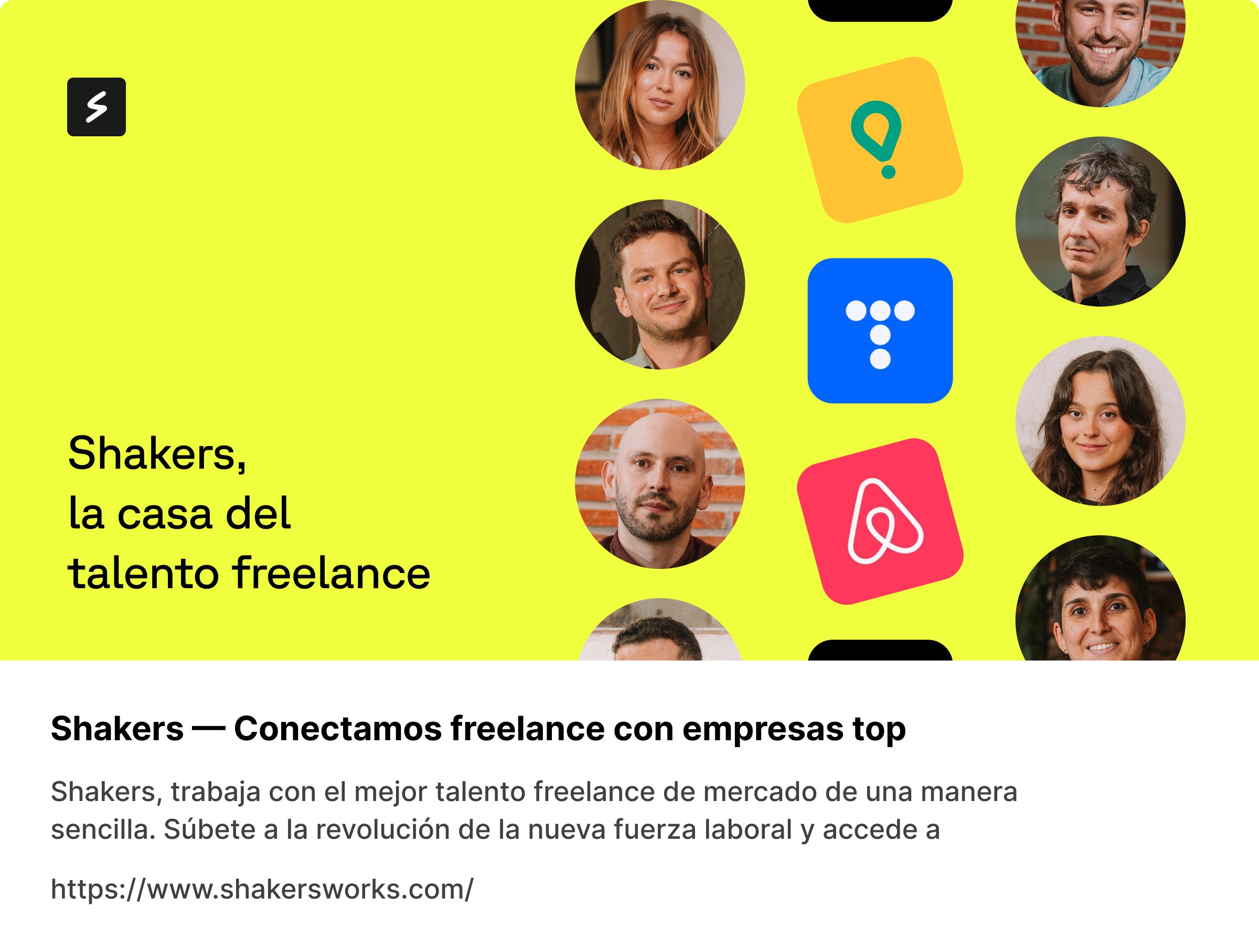 alearedesign's tweet card. Shakers, trabaja con el mejor talento freelance de mercado de una manera sencilla. Súbete a la revolución de la nueva fuerza laboral y accede a nuestra comunidad de perfiles superespecializados en...