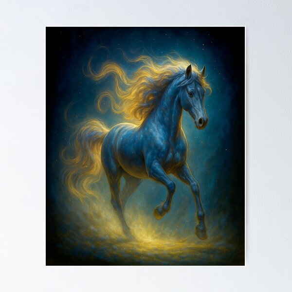 AraWitmer's tweet card. A luminous blue horse bursts through a swirl of starlight and golden mist, its mane flowing like solar fire. Celestial Gallop – The Cosmic Horse captures the beauty and power of the night sky...