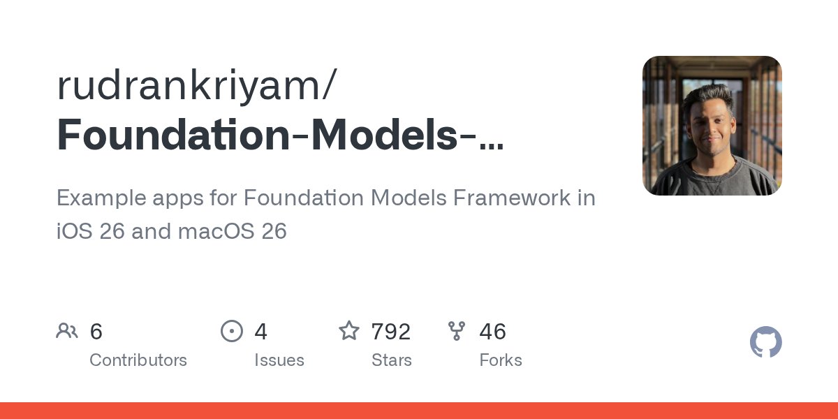 urklc_'s tweet card. Example apps for Foundation Models Framework in iOS 26 and macOS 26 - rudrankriyam/Foundation-Models-Framework-Example