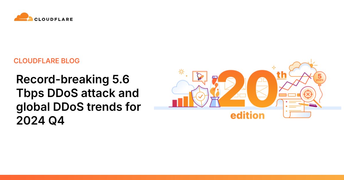 hispasec's tweet card. El año 2024 terminó fuerte. Cloudflare mitigó otro ataque DDoS sin precedentes, con un pico de 5,6 Tb/s. En total, Cloudflare mitigó 21,3 millones de ataques DDoS en 2024, lo que representa un...