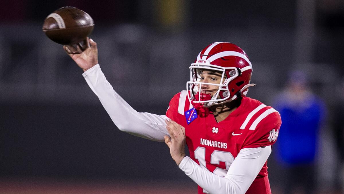 latimessports's tweet card. Senior kicker Andre Medina converted a 25-yard field goal with 3:37 left to break a tie in the Monarchs' season-opening win at Bishop Gorman.