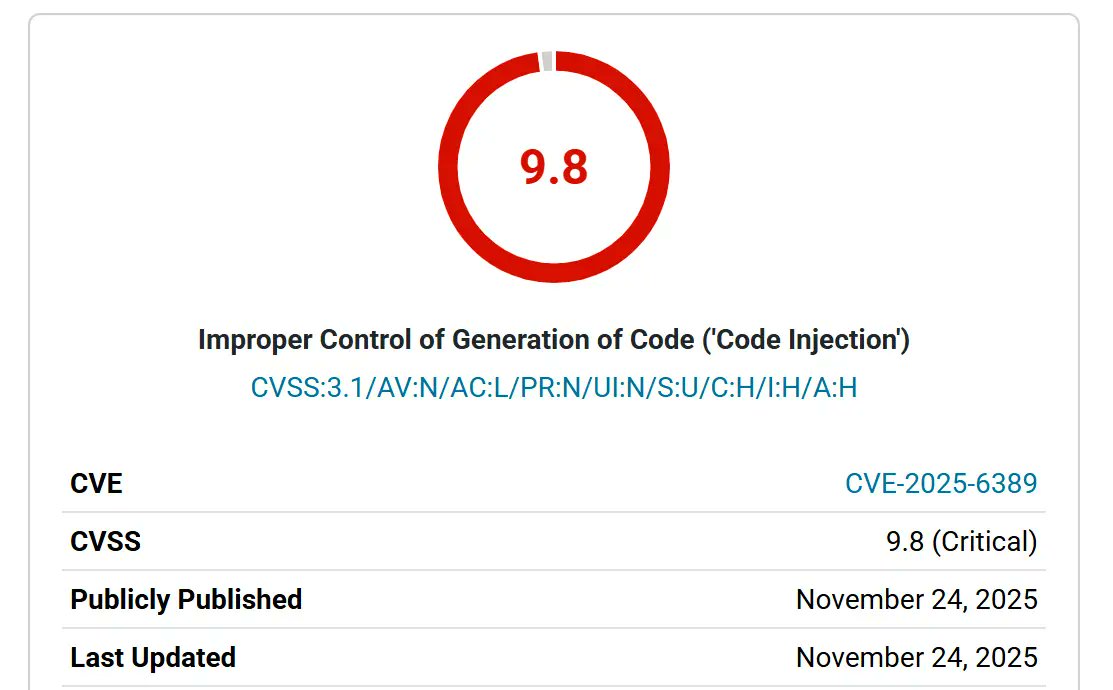 CrowdCyber_Com's tweet card. A Critical (CVSS 9.8) RCE flaw in Sneeit Framework is actively exploited. The bug allows unauthenticated attackers to run arbitrary code via call_user_func and take over WordPress sites. Update to...