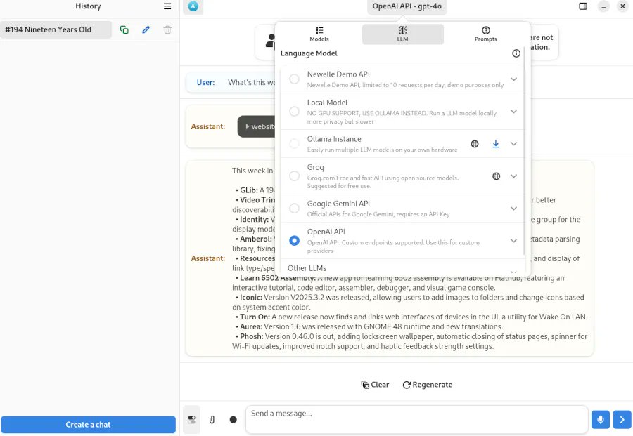 phoronix's tweet card. Newelle is a virtual AI assistant developed for the GNOME desktop that supports voice chat and can handle carrying out web searches, terminal command execution, website reading, file management,...