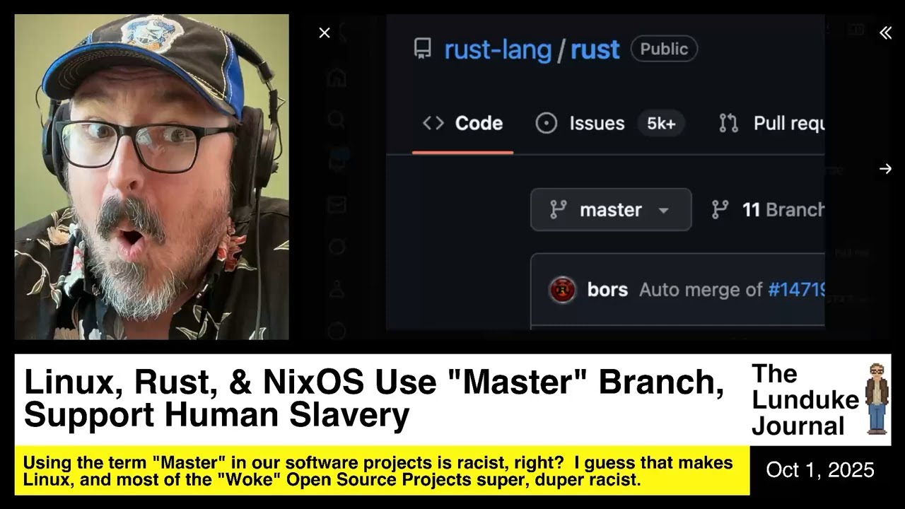 Superstone2010's tweet card. Linux, Rust, & NixOS Use Master Branch, Support Human Slavery