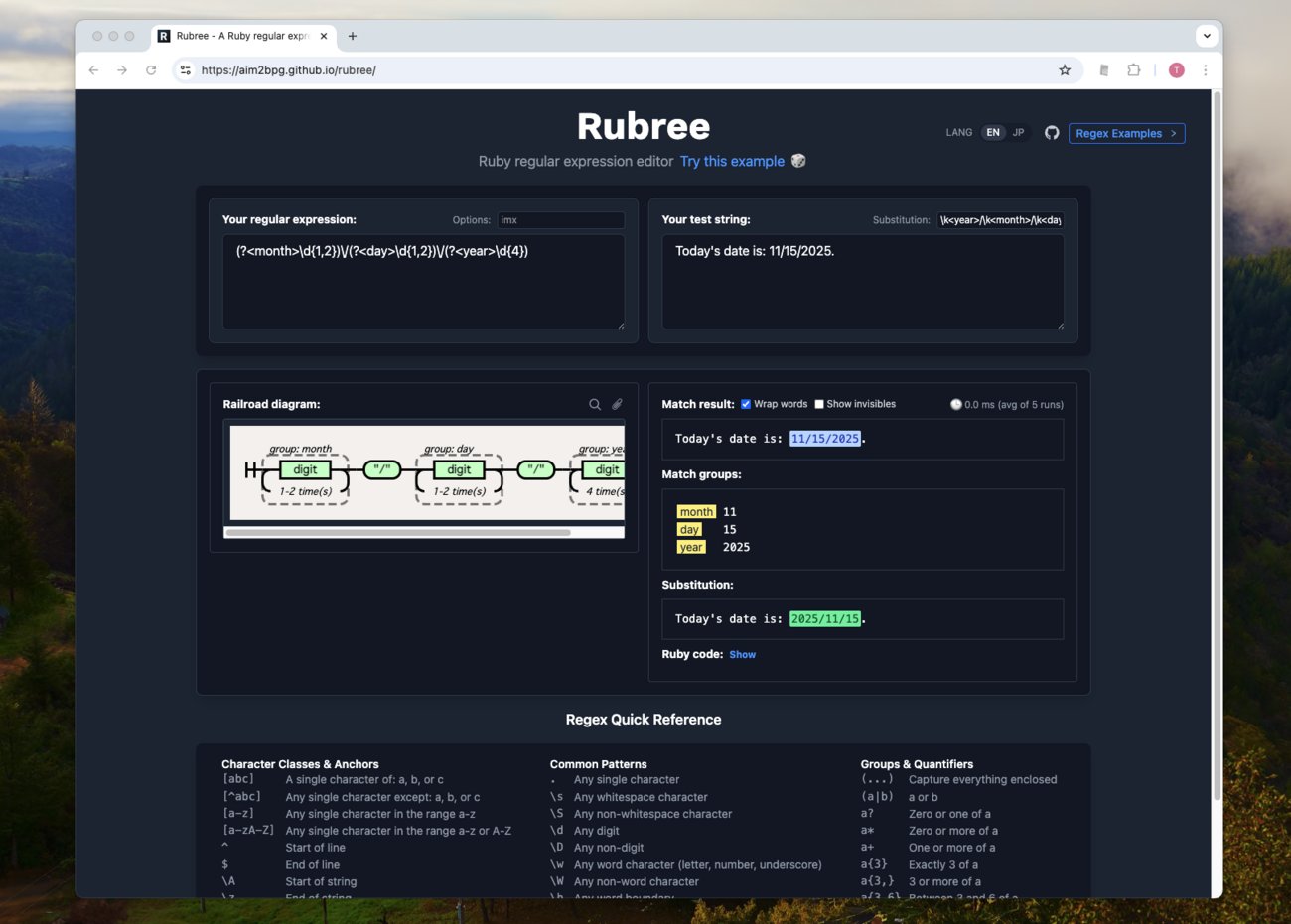 yuki3738's tweet card. Rubular の使い心地を現代的にアップデートした正規表現エディタ Rubree の紹介記事です。ブラウザだけでマッチ確認・置換・鉄道図による構造可視化・Rubyコード生成まで可能。Rubyist だけでなく、正規表現を学ぶすべての方に便利なワンストップ型ツールを詳しく解説します。