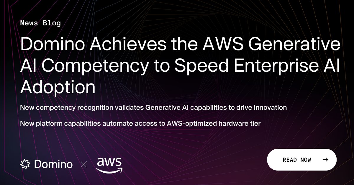 DominoDataLab's tweet card. Domino's new GenAI competency recognition validates generative AI capabilities to drive innovation; new platform capabilities automate access to AWS-optimized hardware tier.