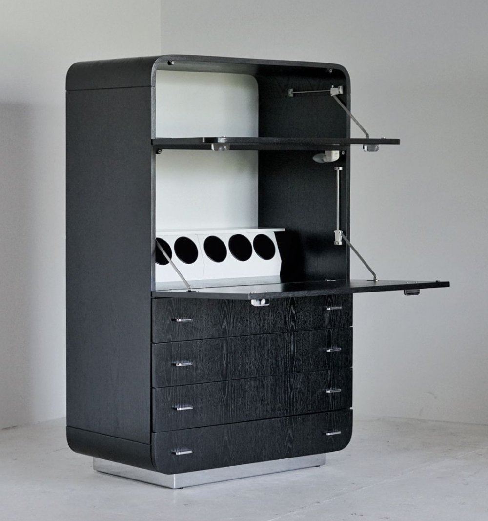 vntg_design's tweet card. Sold: Rounded Black Oak Brutalist Bar Cabinet, 1980s | #239026