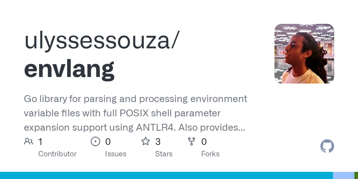 golangch's tweet card. Go library for parsing and processing environment variable files with full POSIX shell parameter expansion support using ANTLR4. Also provides a way to configure stores so you can get the data from...