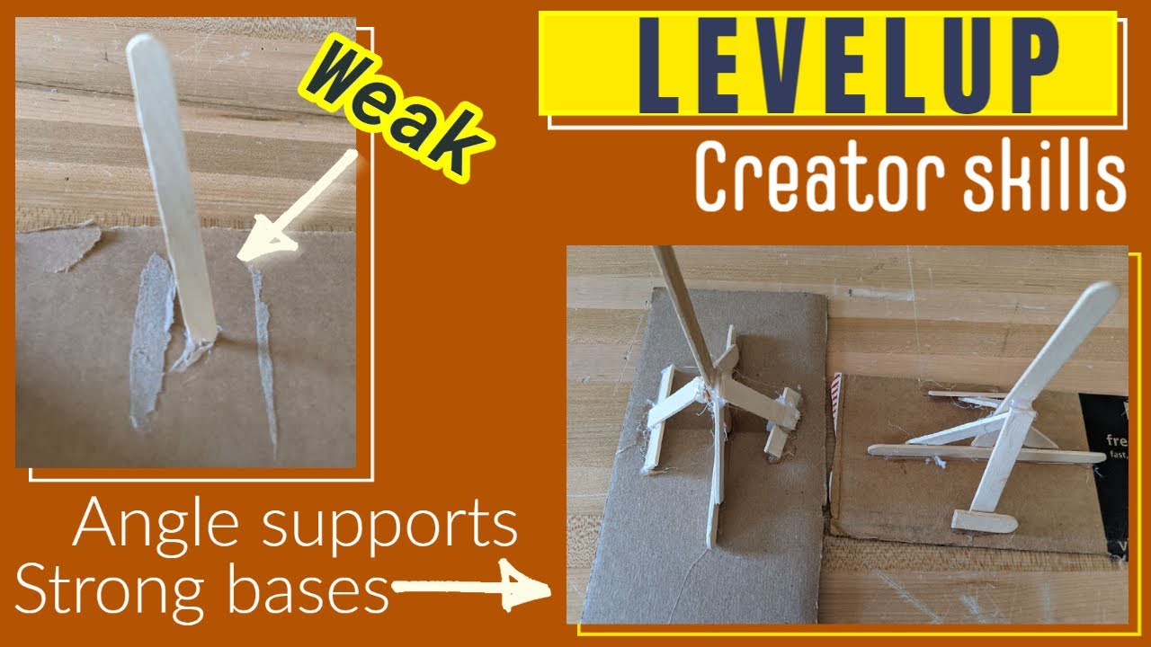puzzshiftcreate's tweet card. The classic 'Make a popsicle stick stand up on cardboard' skill.