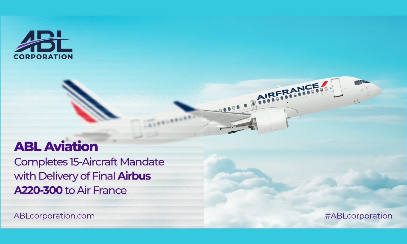 AirProNews's tweet card. ABL Aviation finishes delivery of 15 Airbus A220 aircraft to Air France, advancing fleet modernization and sustainability goals.