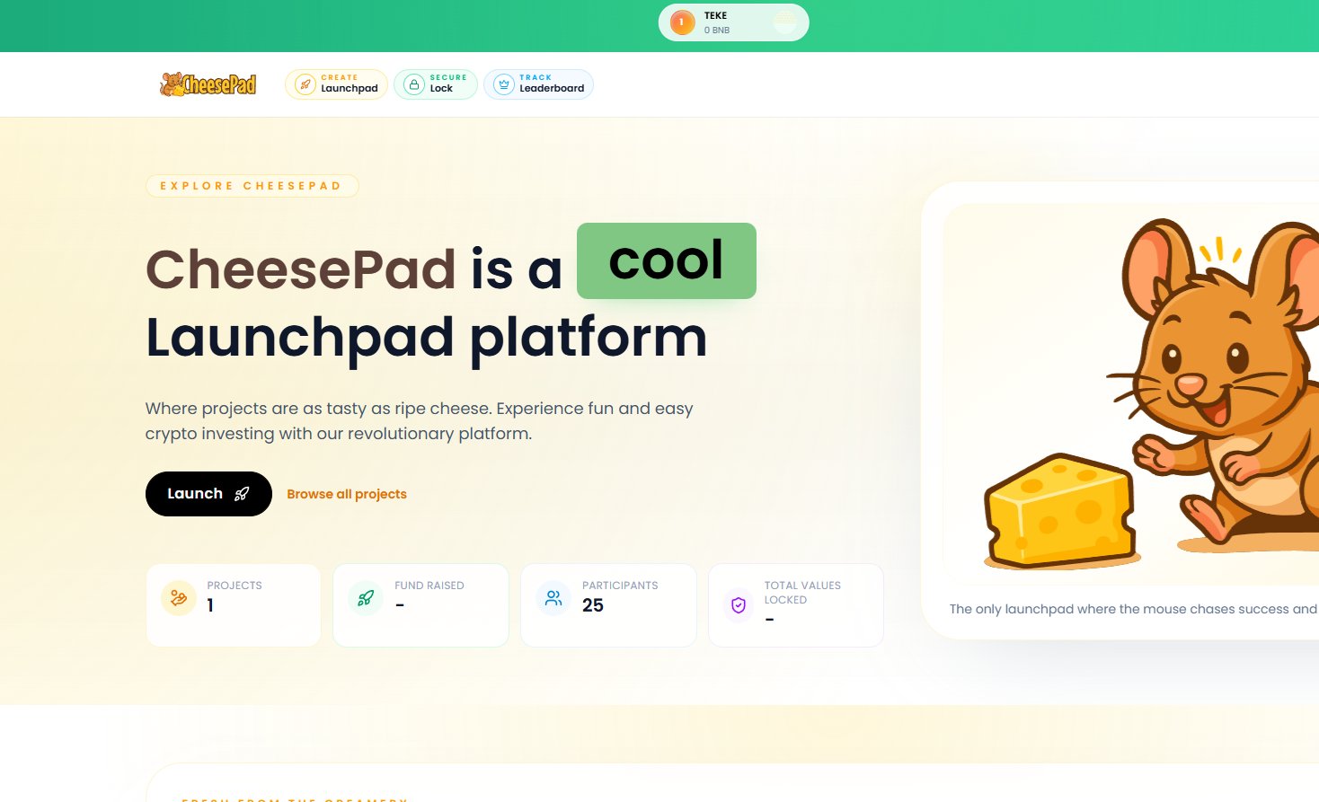 cheesepad's tweet card. First Launchpad powered by AI Auditor smarter, safer, and more transparent crypto launches. - Try BNB Chain dApp CheesePad now.