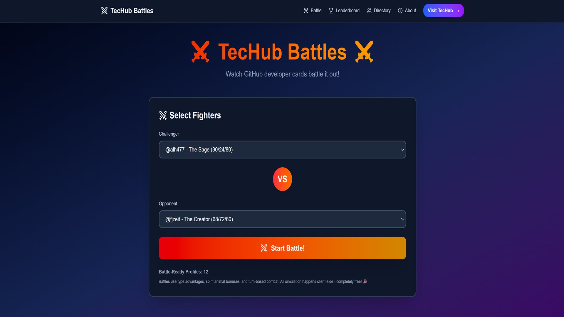 GameDevJared89's tweet card. Watch TecHub developer profiles battle it out in epic turn-based combat! Unique stats, archetypes, spirit animals, and special moves determine the victor. Join the leaderboard and compete!
