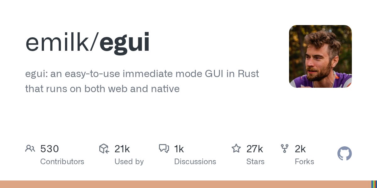 RustTrending's tweet card. egui: an easy-to-use immediate mode GUI in Rust that runs on both web and native - emilk/egui