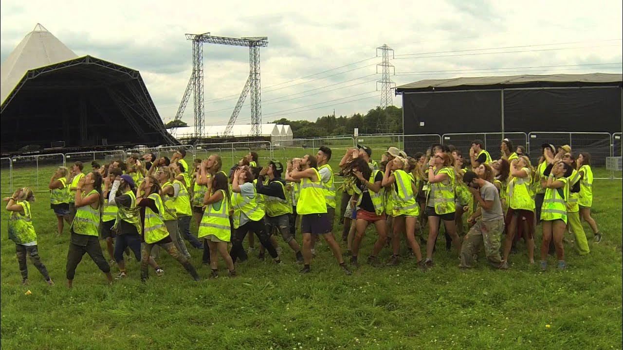 EcoWebplus's tweet card. Glastonbury bin painters do the Dolly Mob dance