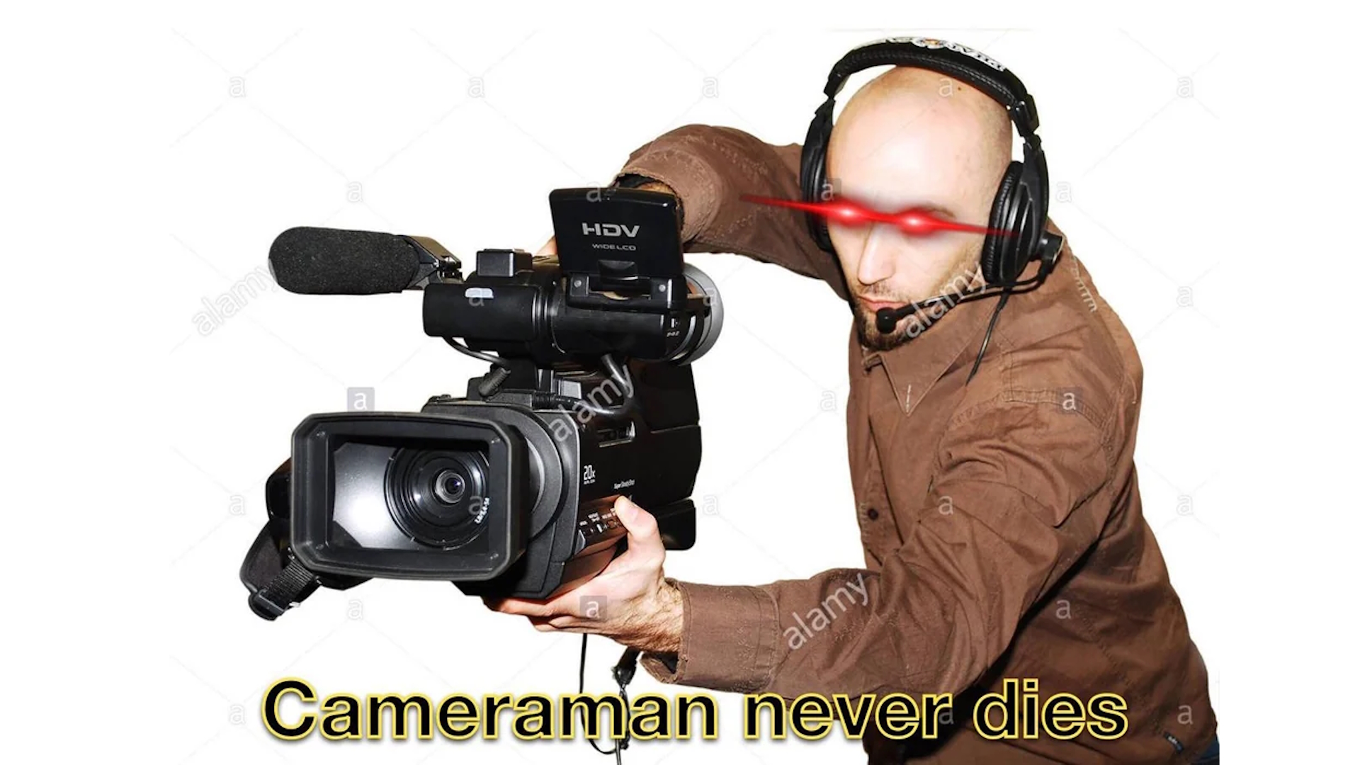 cameramanonsola's tweet card. Cameraman Never Dies or Cameraman Always Survives is a cliché commonly found in memes and comments that states the perso