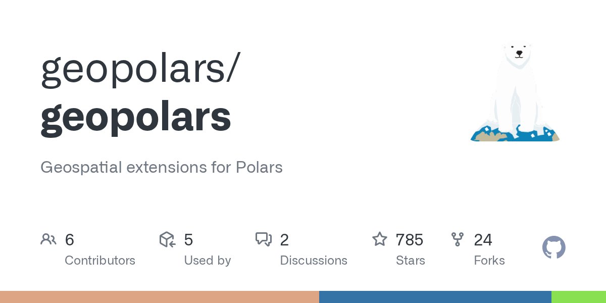 clxymox's tweet card. Geospatial extensions for Polars. Contribute to geopolars/geopolars development by creating an account on GitHub.