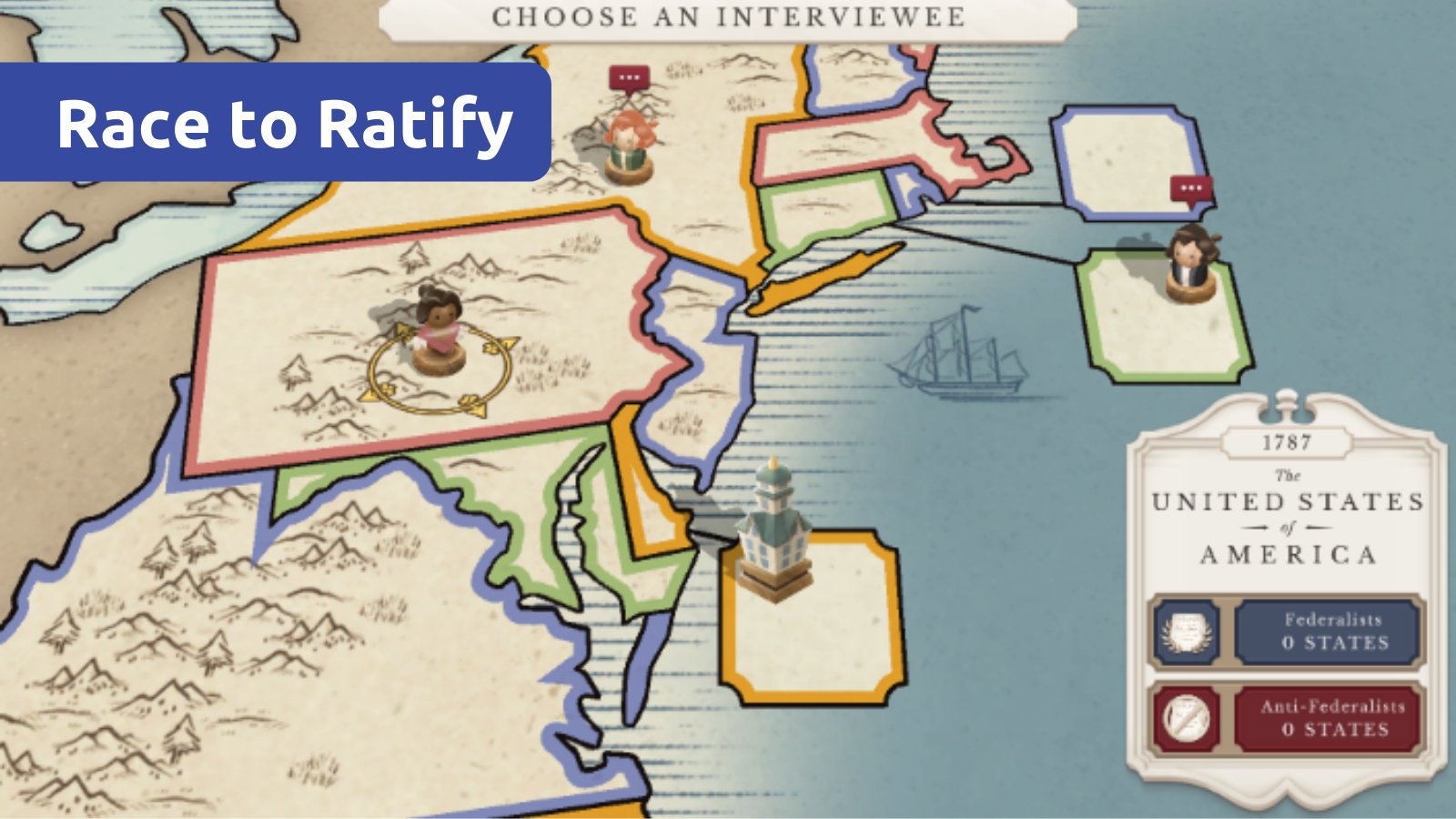 studies_coach's tweet card. Race to Ratify drops you into 1787, where the ink is still drying on the new Constitution. Will it become the law of the land or will it fall into the dustbin of history? The fate of the young nation...