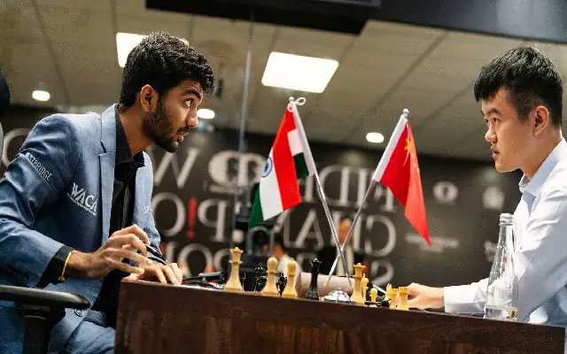 Newskarnataka's tweet card. India’s 18-year-old chess prodigy, D. Gukesh, achieved a remarkable victory by defeating defending champion Ding Liren in the third round of the FIDE World Chess Championship 2024 in Singapore.