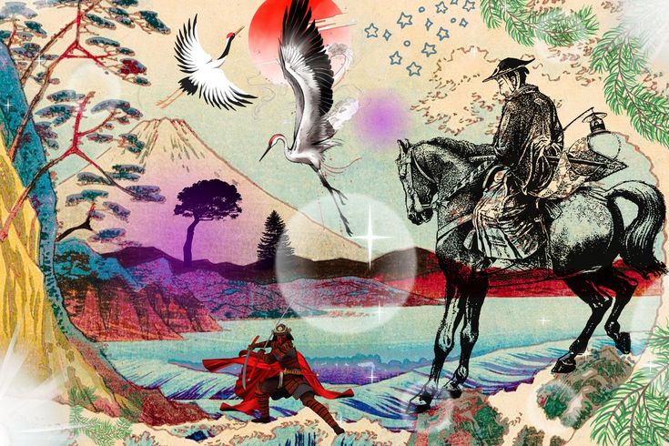 okinawabasetown's tweet card. Japanese Ukiyoe Art - Mt.Fuji, cranes, and the magistrate astride a horse