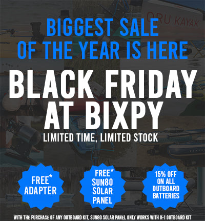 bixpy's tweet card. This holiday season, when you buy an outboard kit, you get to choose between a free adapter or a free solar panel. Plus, batteries are on sale. Shop Now!
