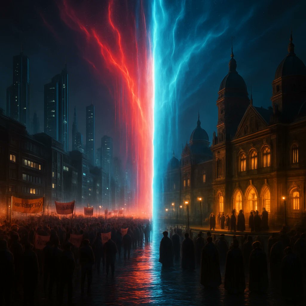 alienfakenewsjp's tweet card. グルーファ連邦領内、双面衛星ポラ＝ディアにて、歴史的な規模で市民社会の「分極化」が進行している。両半球に広がる極光帯を境に、住民たちが社会制度・価値観の二元化を強めている現象「極光分断」は、惑星全域の政治的安定を脅かす新たな地殻変動となりつ...