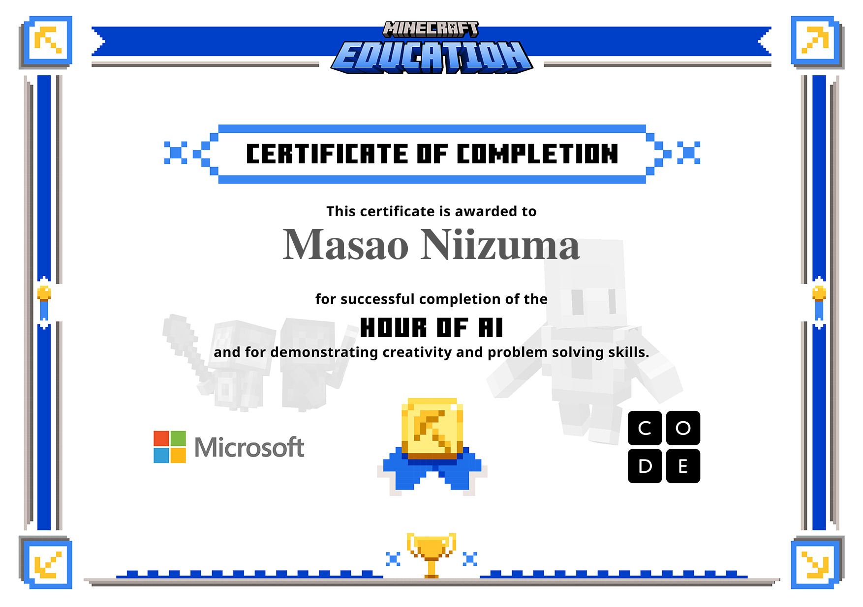 Masao_Niizuma's tweet card. Certificate for completion of One Hour of Code