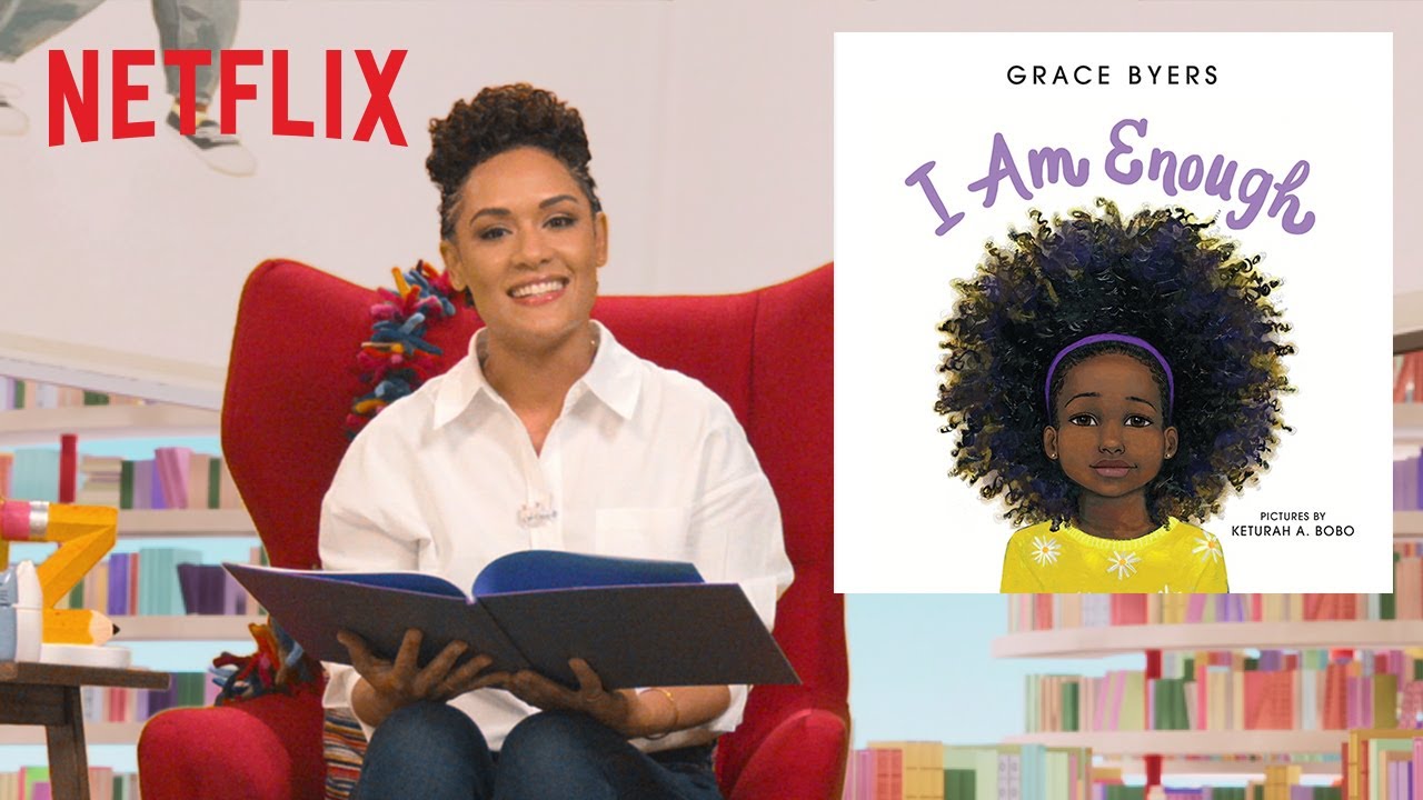 Math101Hilton's tweet card. Grace Byers Reads "I Am Enough" | Bookmarks | Netflix Jr