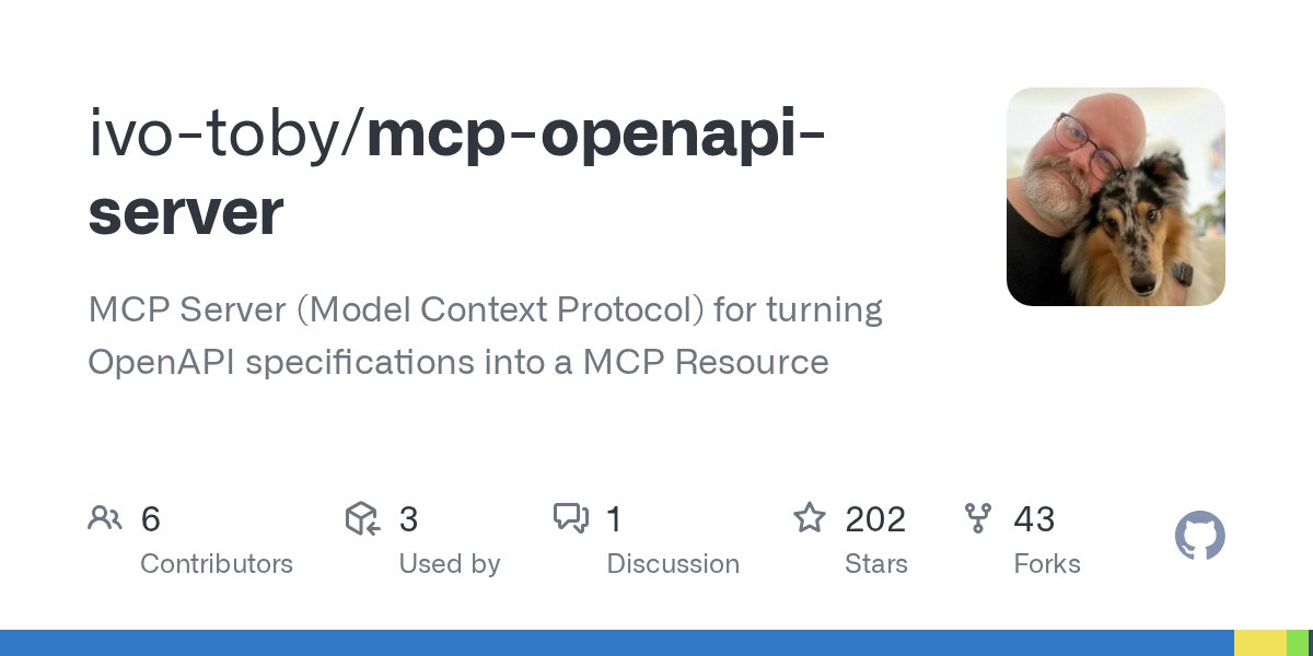 JSExpert's tweet card. MCP Server (Model Context Protocol) for turning OpenAPI specifications into a MCP Resource - ivo-toby/mcp-openapi-server