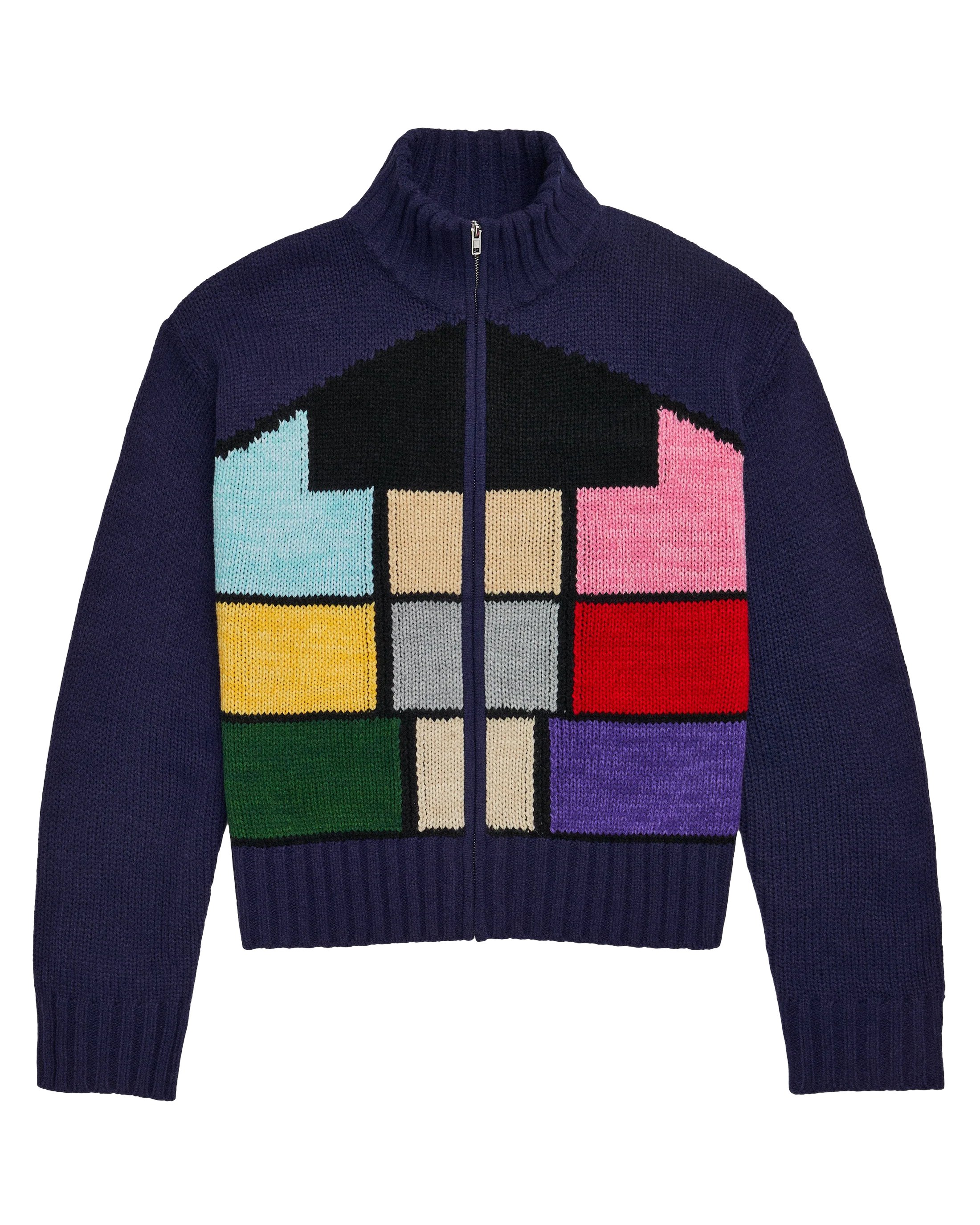 swiftpitch_uk's tweet card. Ships within 10 daysMidnight blue zip up sweater with multicolored knit in design featuring Lover album house design knitted on front.Standard fit.100% AcrylicLimit 4 per order.Model is 6'2" and...