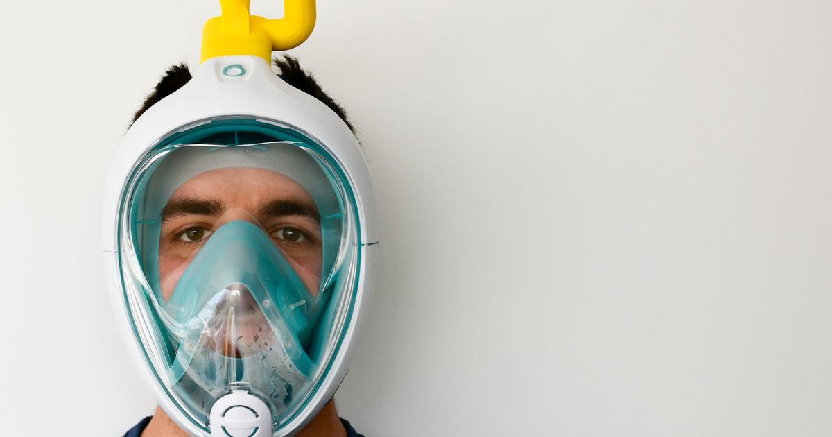 courrierinter's tweet card. Pour remédier à la pénurie d’équipements dans les hôpitaux, la société Isinnova s’emploie à transformer des masques de plongée de marque Decathlon en respirateu...