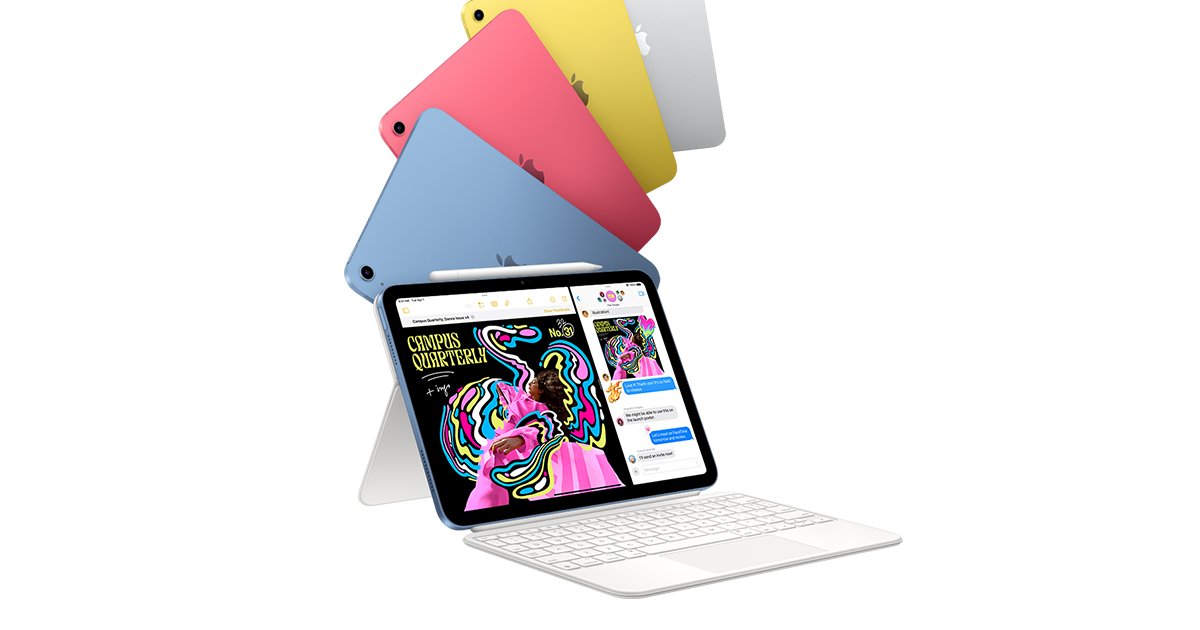 tim_cook's tweet card. iPad has an all-screen Liquid Retina display, the A16 chip and four color options. And it supports the Magic Keyboard Folio.
