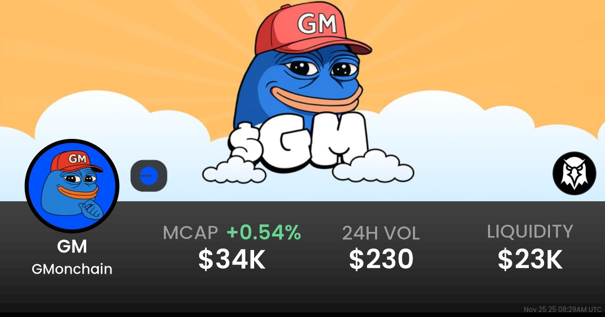 _OSN1_'s tweet card. $0.0000003431 GMonchain (GM) realtime price charts, trading history and info - GM / WETH on Base / Uniswap