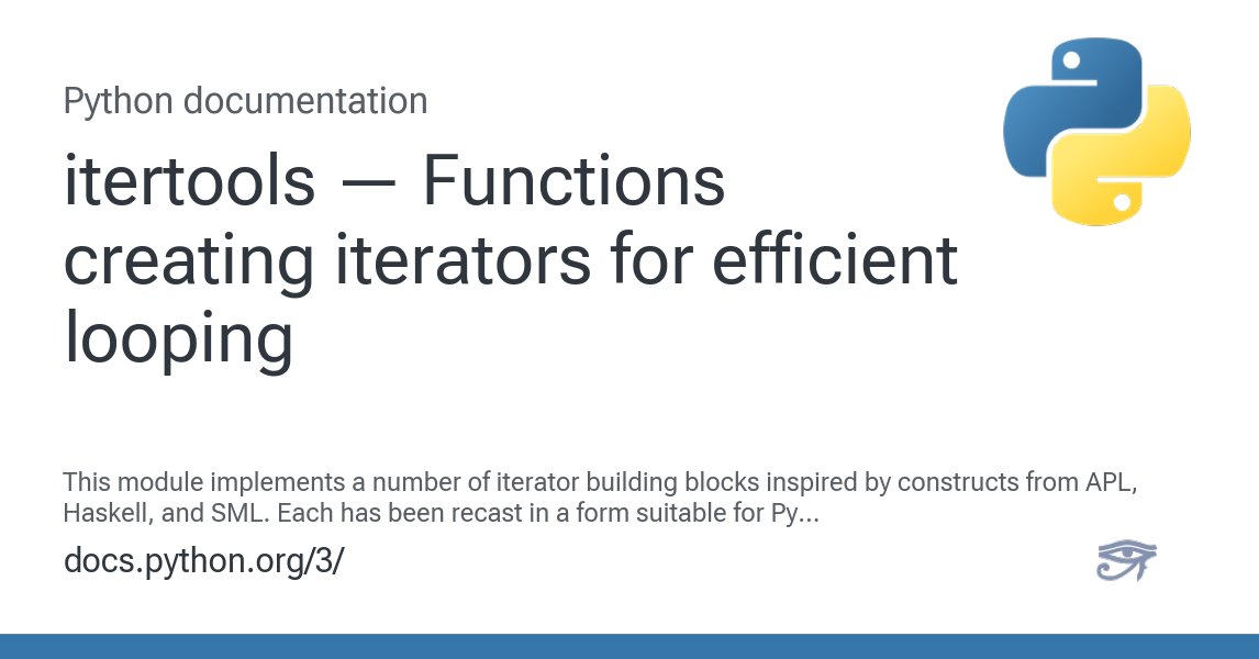 python_tip's tweet card. This module implements a number of iterator building blocks inspired by constructs from APL, Haskell, and SML. Each has been recast in a form suitable for Python. The module standardizes a core set...