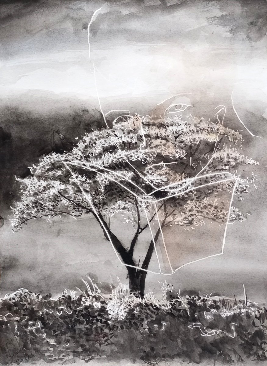 paolobitwo's tweet card. Watercolor drawing on paper of a tree with the shape of a man reading a book over it. Cm 24x33