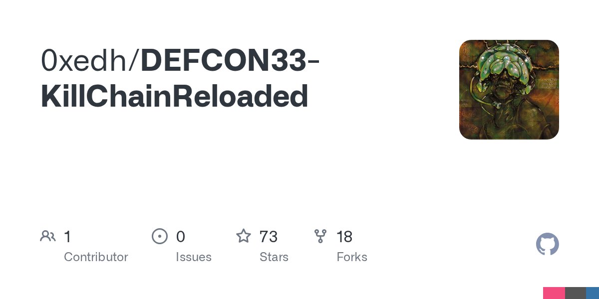 0xedh's tweet card. Contribute to 0xedh/DEFCON33-KillChainReloaded development by creating an account on GitHub.